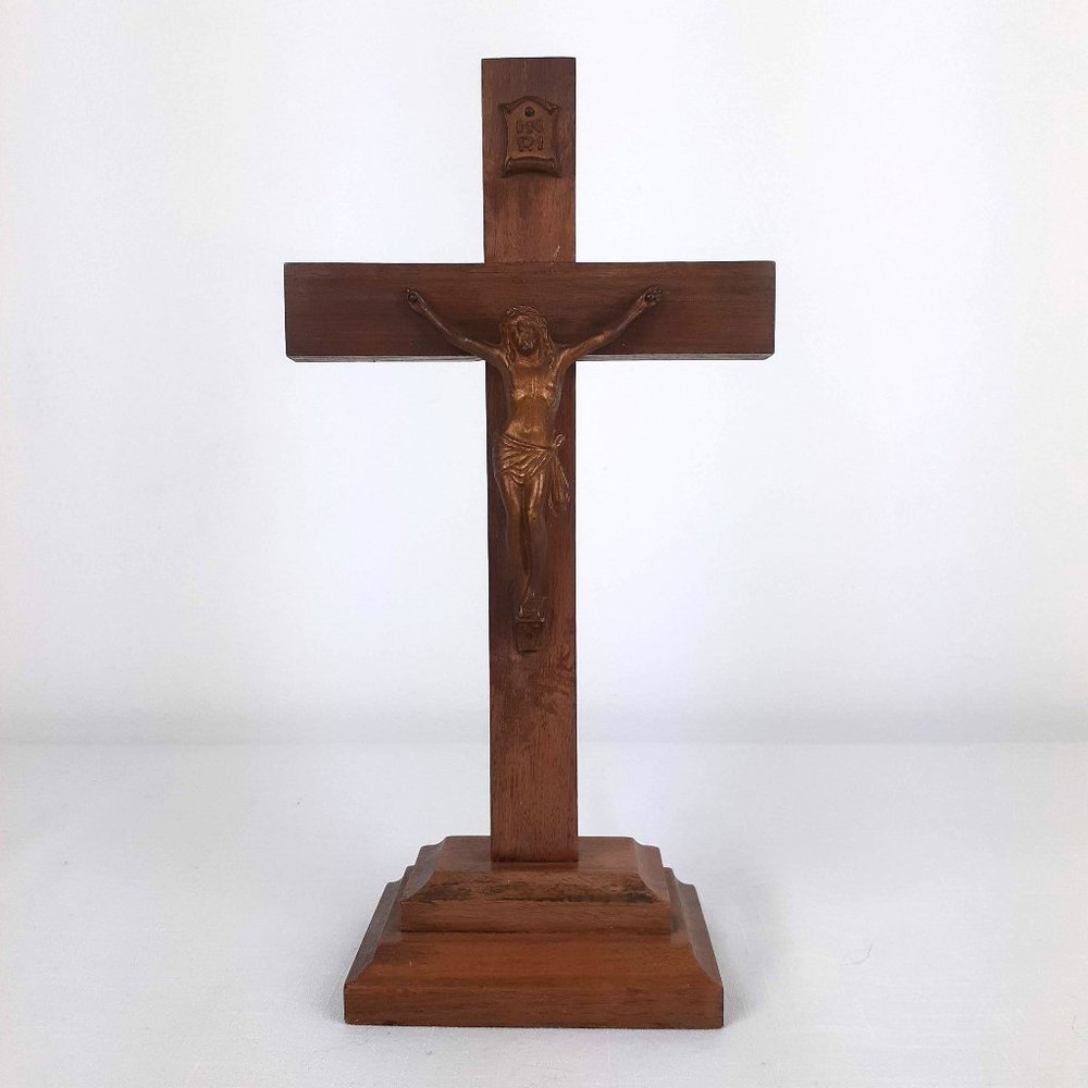 Vintage Wooden Cross with Metal Crucifix INRI Freestanding
